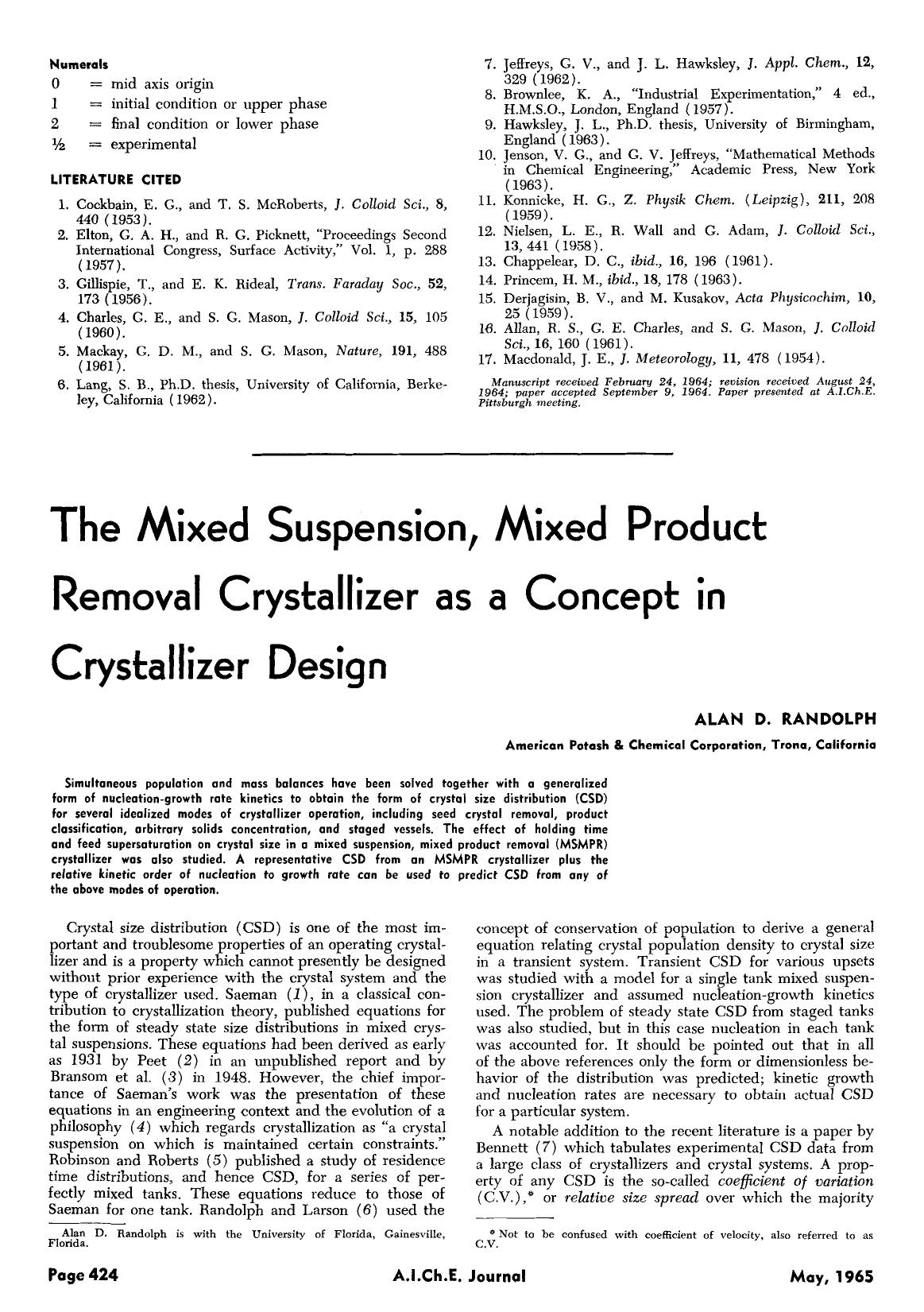 The mixed suspension, mixed product removal crystallizer as a concept in crystallizer design by Unknown