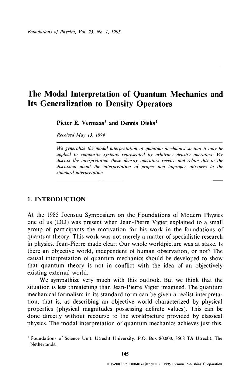 The modal interpretation of quantum mechanics and its generalization to density operators by Unknown