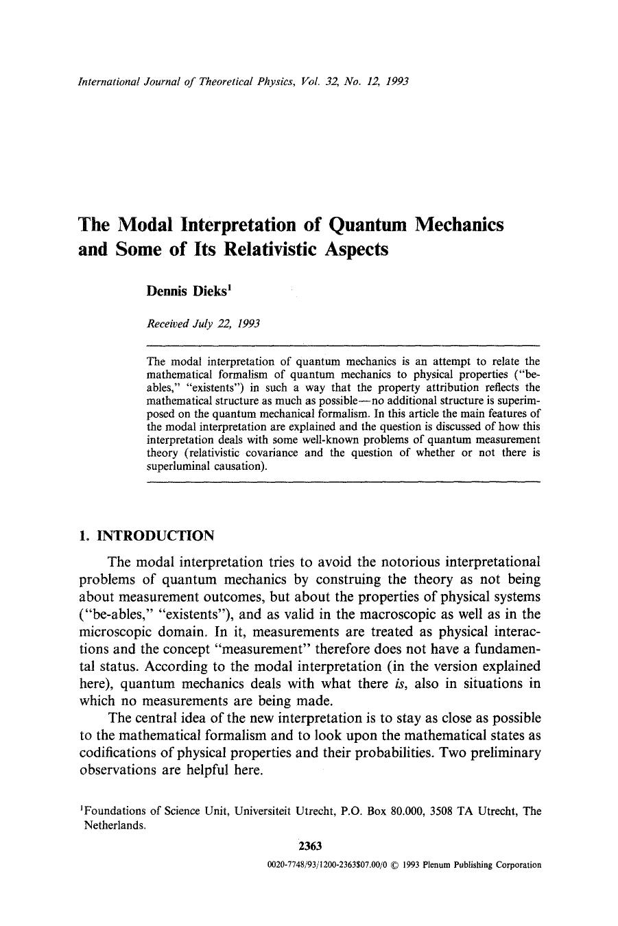 The modal interpretation of quantum mechanics and some of its relativistic aspects by Unknown