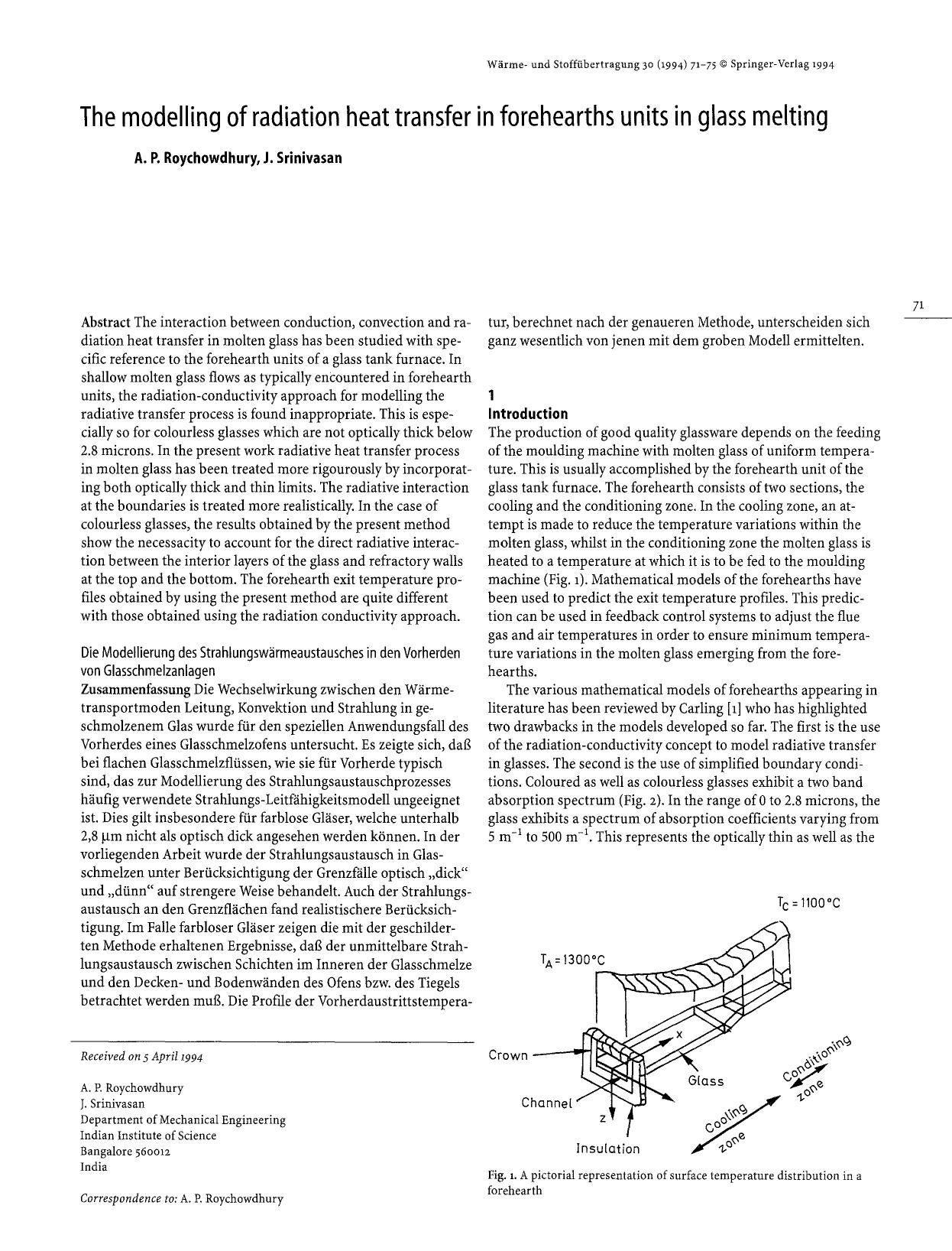 The modelling of radiation heat transfer in forehearths units in glass melting by Unknown