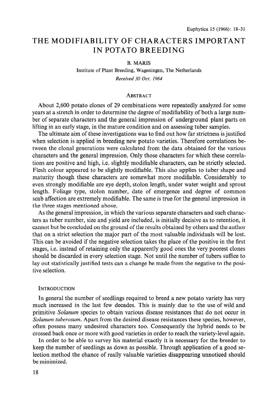 The modifiability of characters important in potato breeding by Unknown