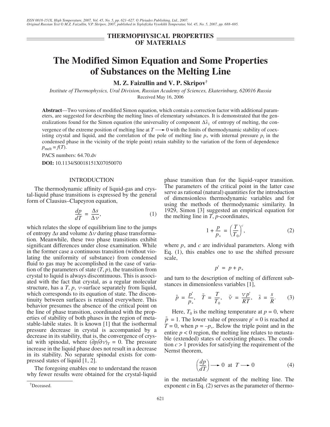 The modified Simon equation and some properties of substances on the melting line by Unknown