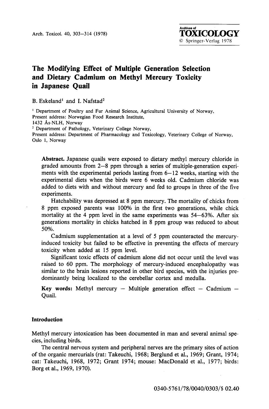 The modifying effect of multiple generation selection and dietary cadmium on methyl mercury toxicity in Japanese quail by Unknown