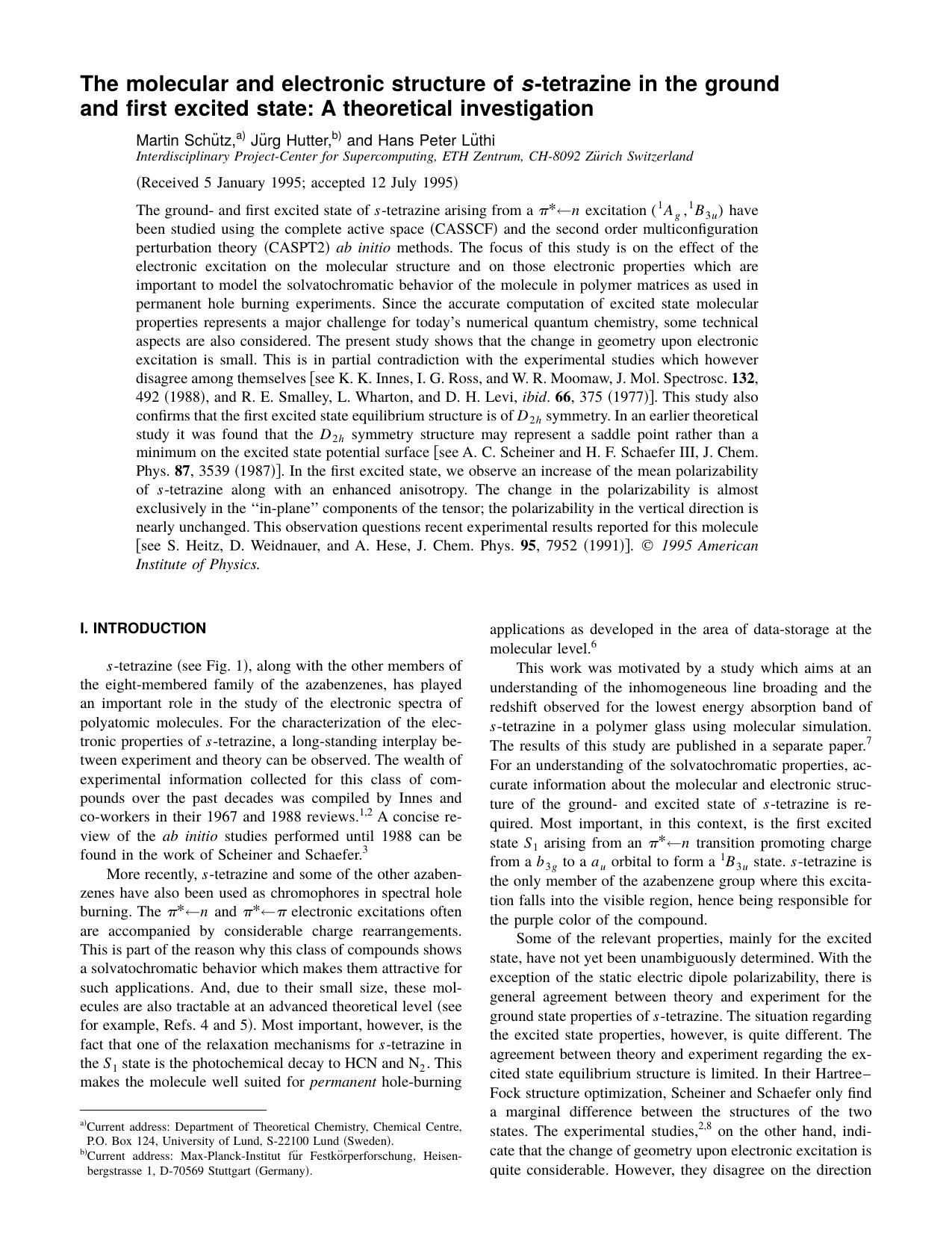 The molecular and electronic structure of s-tetrazine in the ground and first excited state: A theoretical investigation by Martin Schutz & Jurg Hutter & and Hans Peter Luthi