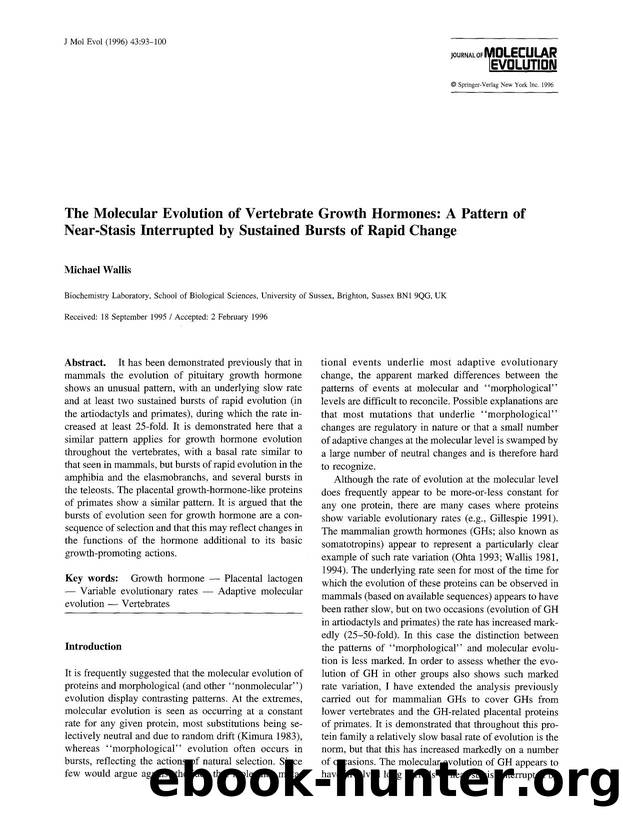 The molecular evolution of vertebrate growth hormones: A pattern of near-stasis interrupted by sustained bursts of rapid change by Unknown