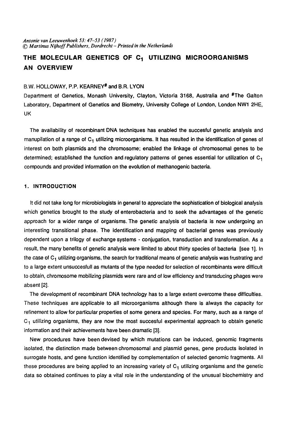 The molecular genetics of C<Subscript>1<Subscript> utilizing microorganisms an overview by Unknown