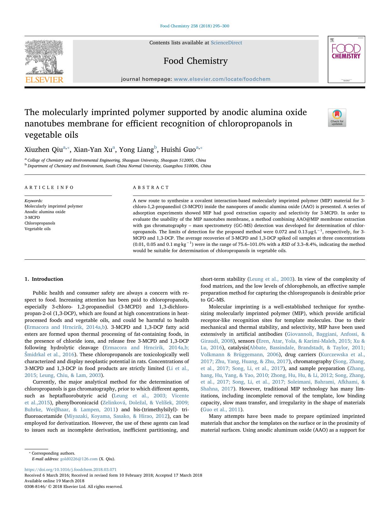 The molecularly imprinted polymer supported by anodic alumina oxide nanotubes membrane for efficient recognition of chloropropanols in vegetable oils by Xiuzhen Qiu & Xian-Yan Xu & Yong Liang & Huishi Guo