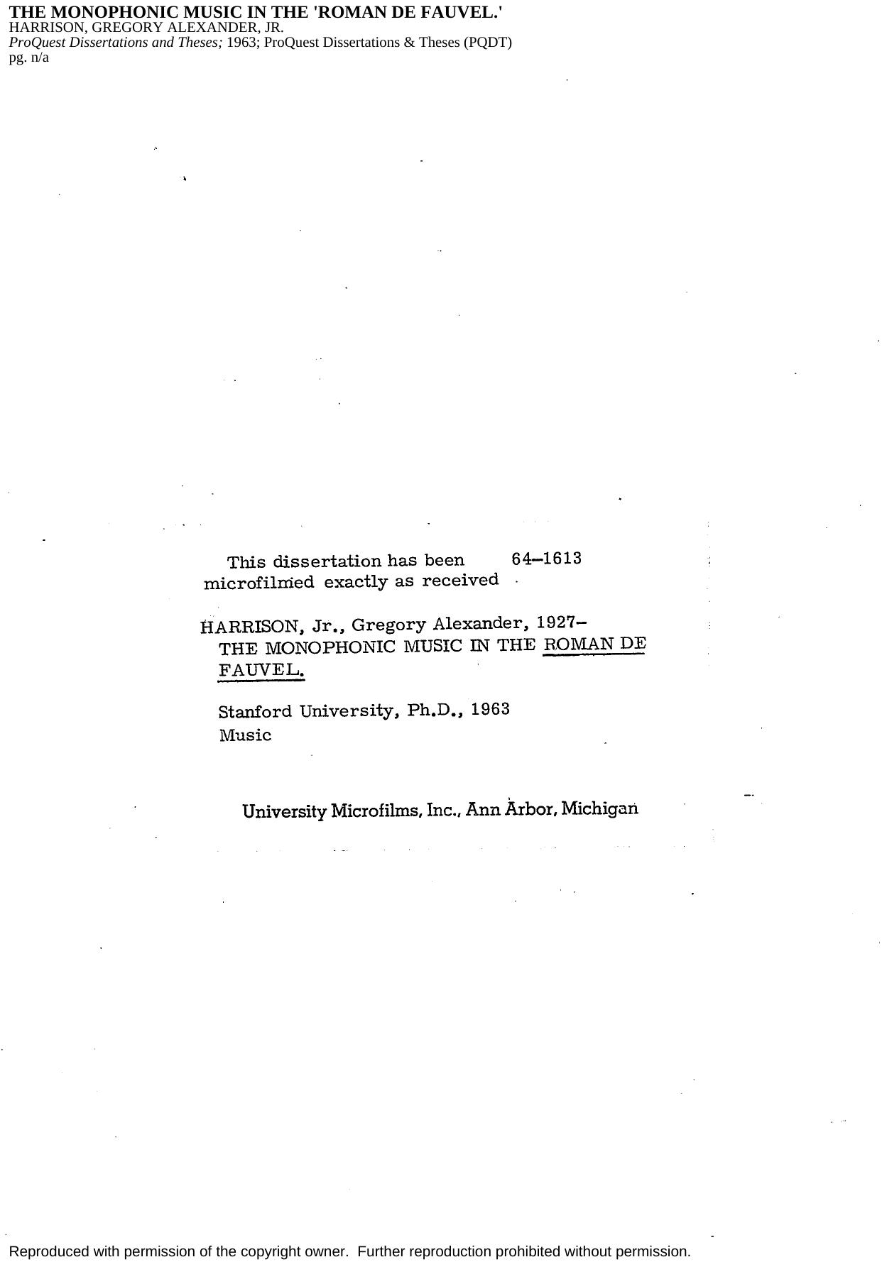 The monophonic music in the Roman de Fauvel [PhD diss] by Gregory Alexander Harrison Jr