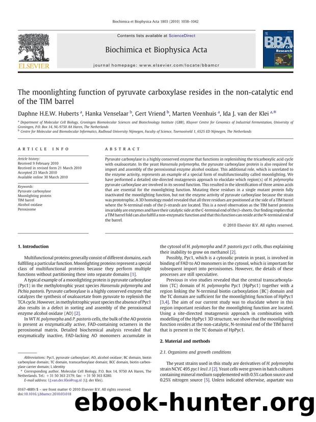 The moonlighting function of pyruvate carboxylase resides in the non-catalytic end of the TIM barrel by Daphne H.E.W. Huberts & Hanka Venselaar & Gert Vriend & Marten Veenhuis & Ida J. van der Klei