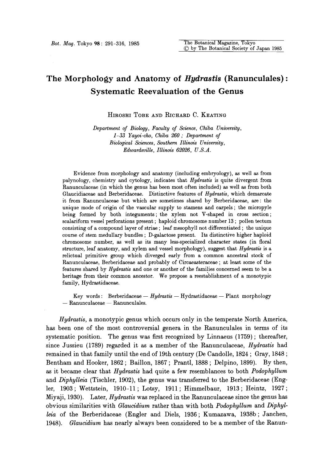 The morphology and anatomy of <Emphasis Type="Italic">Hydrastis <Emphasis> (Ranunculales): Systematic reevaluation of the genus by Unknown