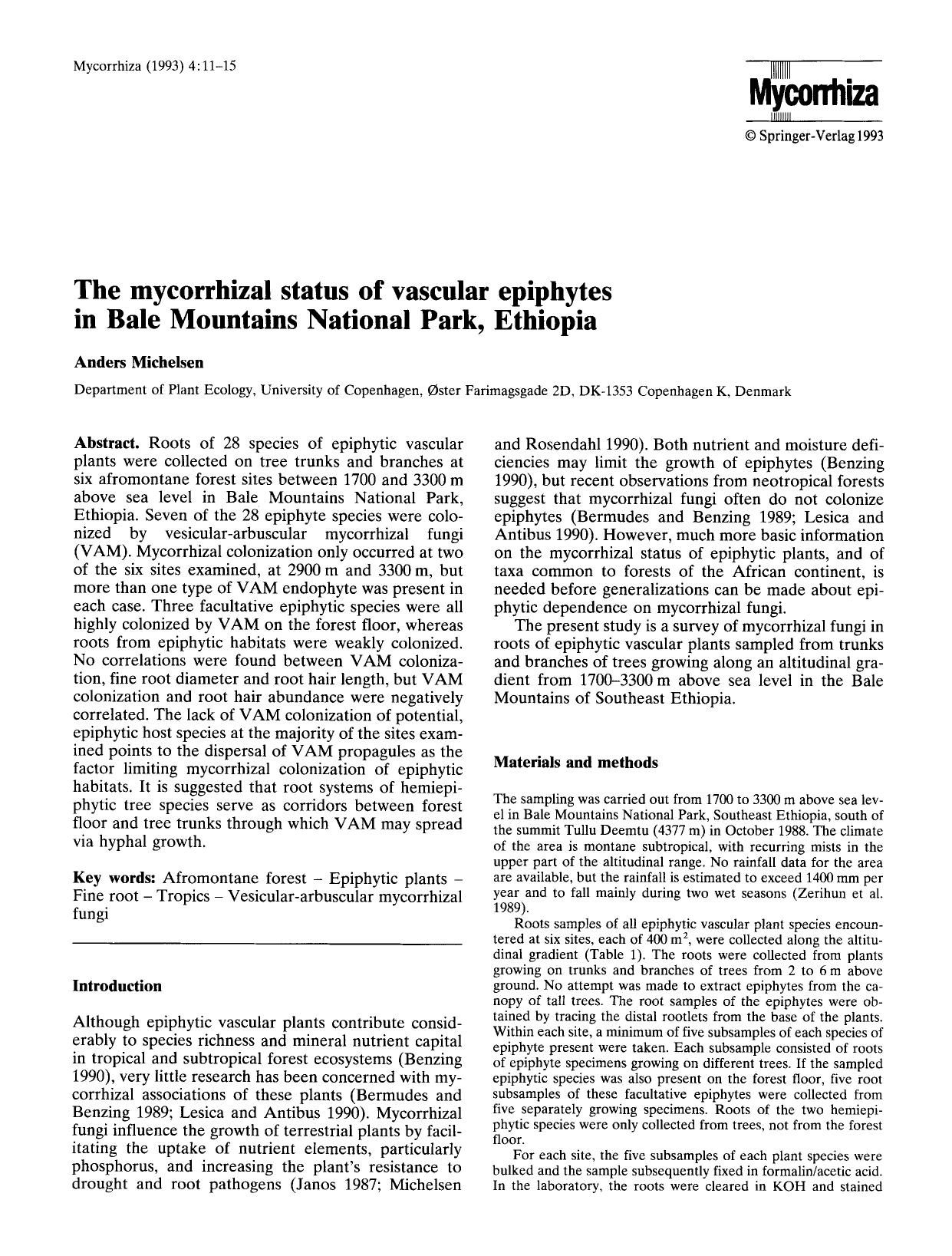 The mycorrhizal status of vascular epiphytes in Bale Mountains National Park, Ethiopia by Unknown