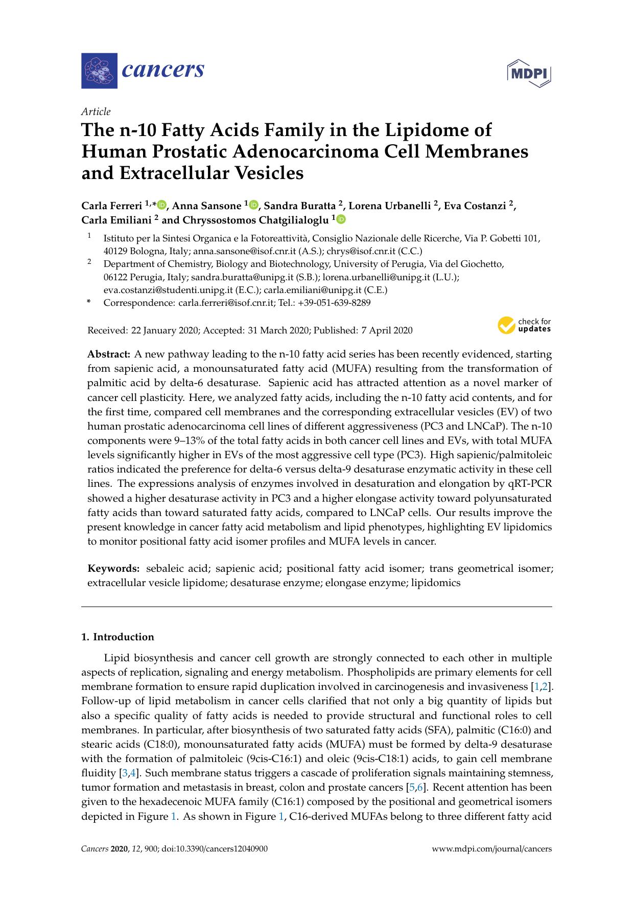 The n-10 Fatty Acids Family in the Lipidome of Human Prostatic Adenocarcinoma Cell Membranes and Extracellular Vesicles by unknow