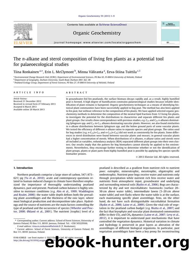 The n-alkane and sterol composition of living fen plants as a potential tool for palaeoecological studies by Tiina Ronkainen & Erin L. McClymont & Minna Väliranta & Eeva-Stiina Tuittila