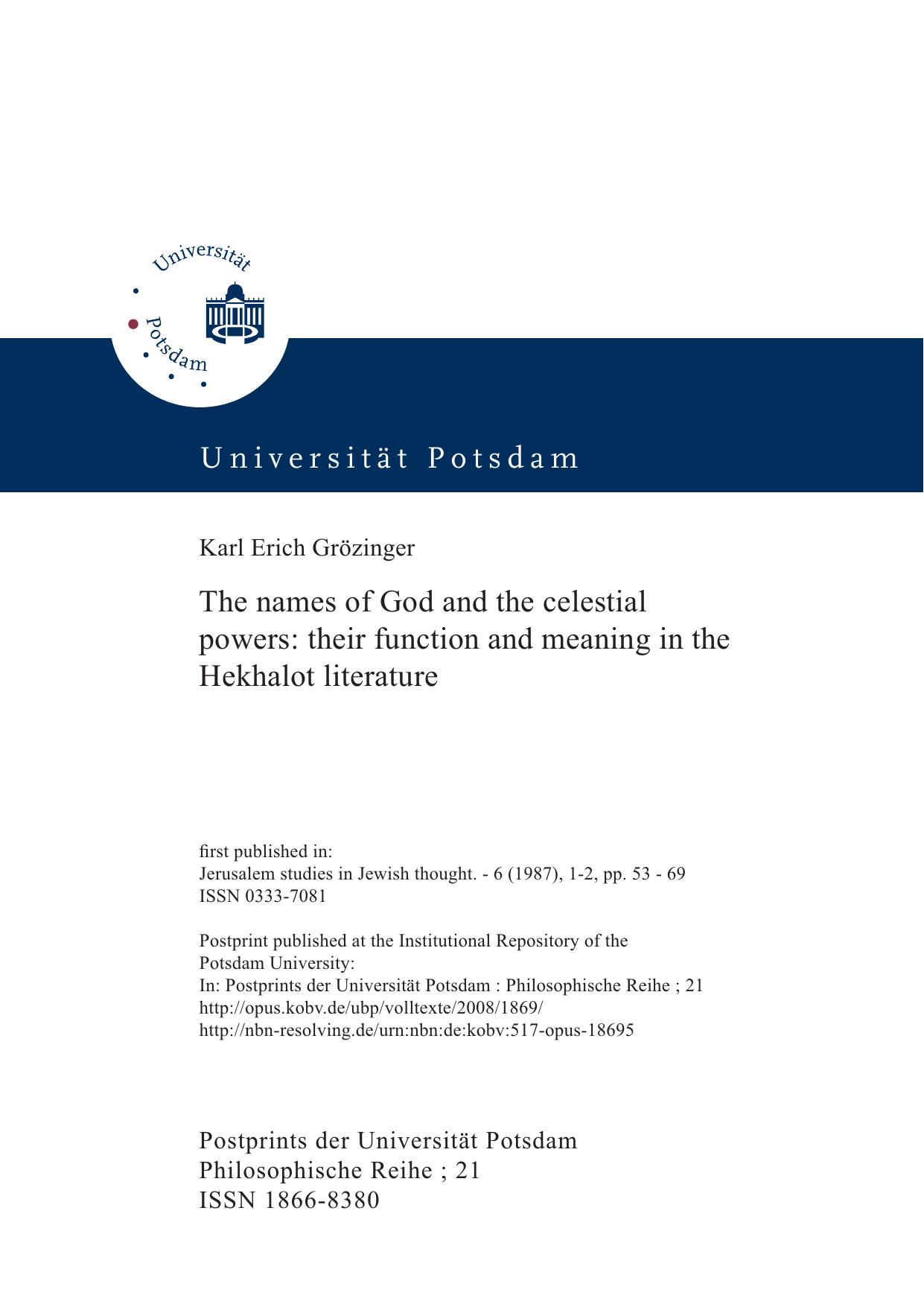 The names of God and the celestial powers : their function and meaning in the Hekhalot literature by Karl Erich Grözinger