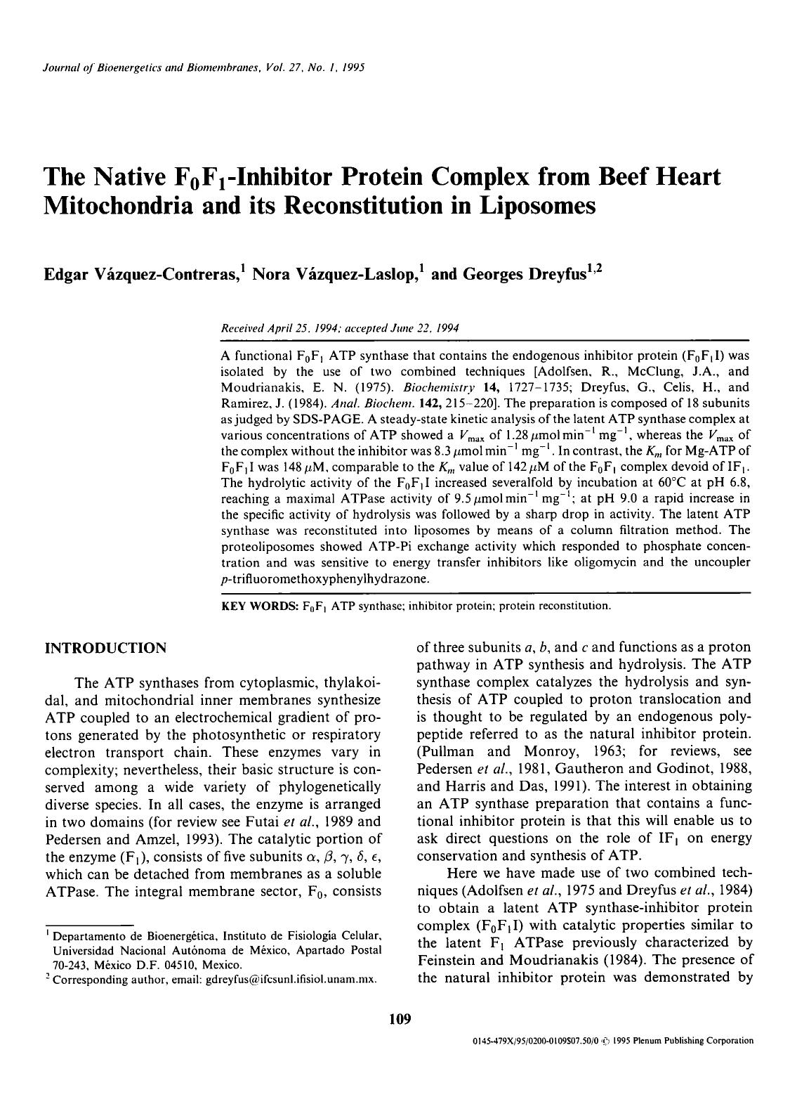 The native F <Subscript>0 <Subscript>F <Subscript>1 <Subscript>-inhibitor protein complex from beef heart mitochondria and its reconstitution in liposomes by Unknown