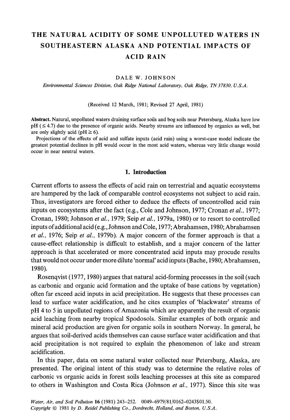 The natural acidity of some unpolluted waters in southeastern Alaska and potential impacts of acid rain by Unknown