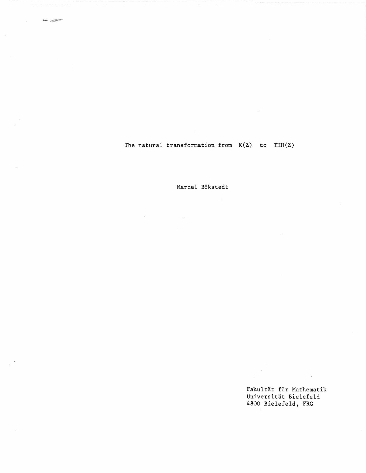 The natural transformation form K(Z) to THH(Z) by M. Bokstedt