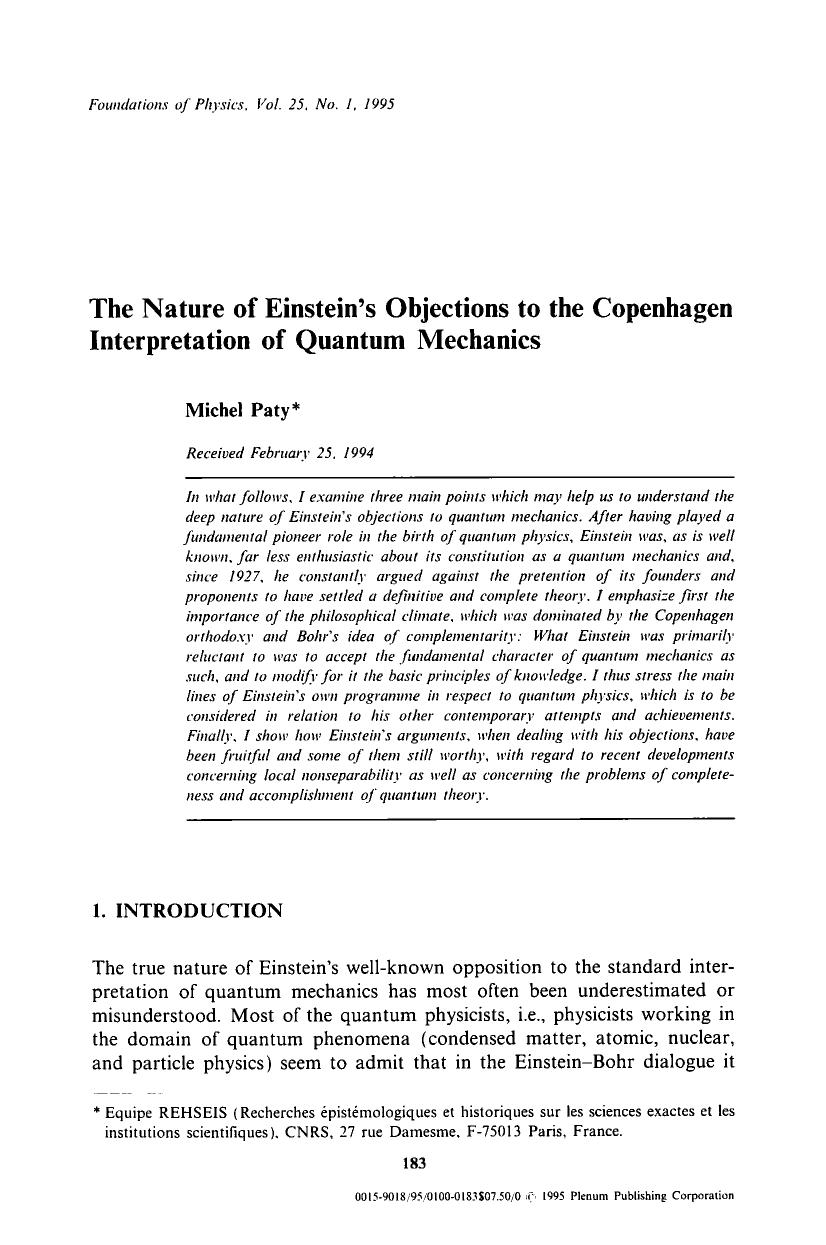 The nature of Einstein's objections to the Copenhagen interpretation of quantum mechanics by Unknown