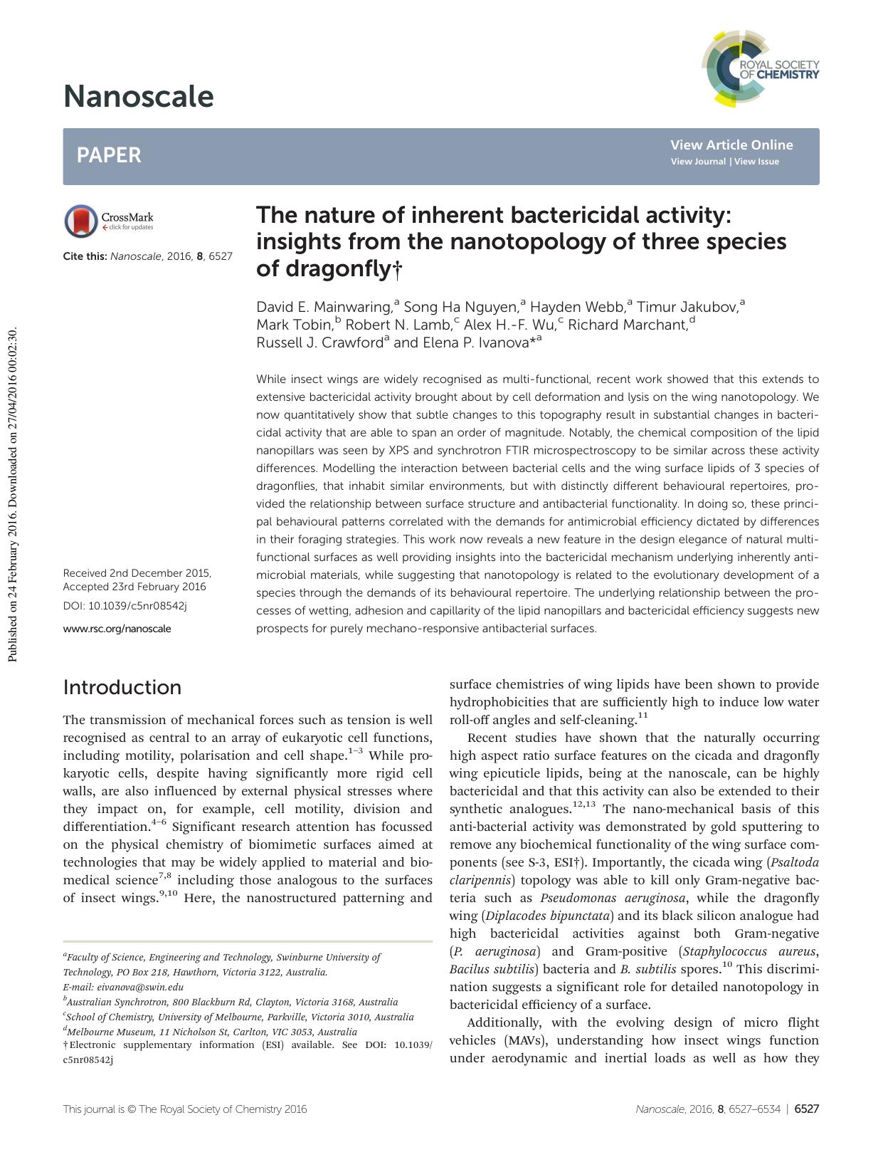 The nature of inherent bactericidal activity: insights from the nanotopology of three species of dragonfly by unknow