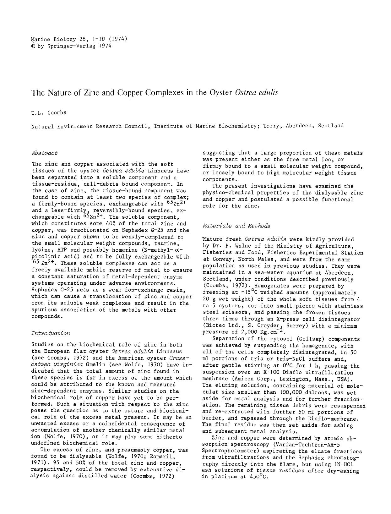 The nature of zinc and copper complexes in the oyster <Emphasis Type="Italic">Ostrea edulis<Emphasis> by Unknown