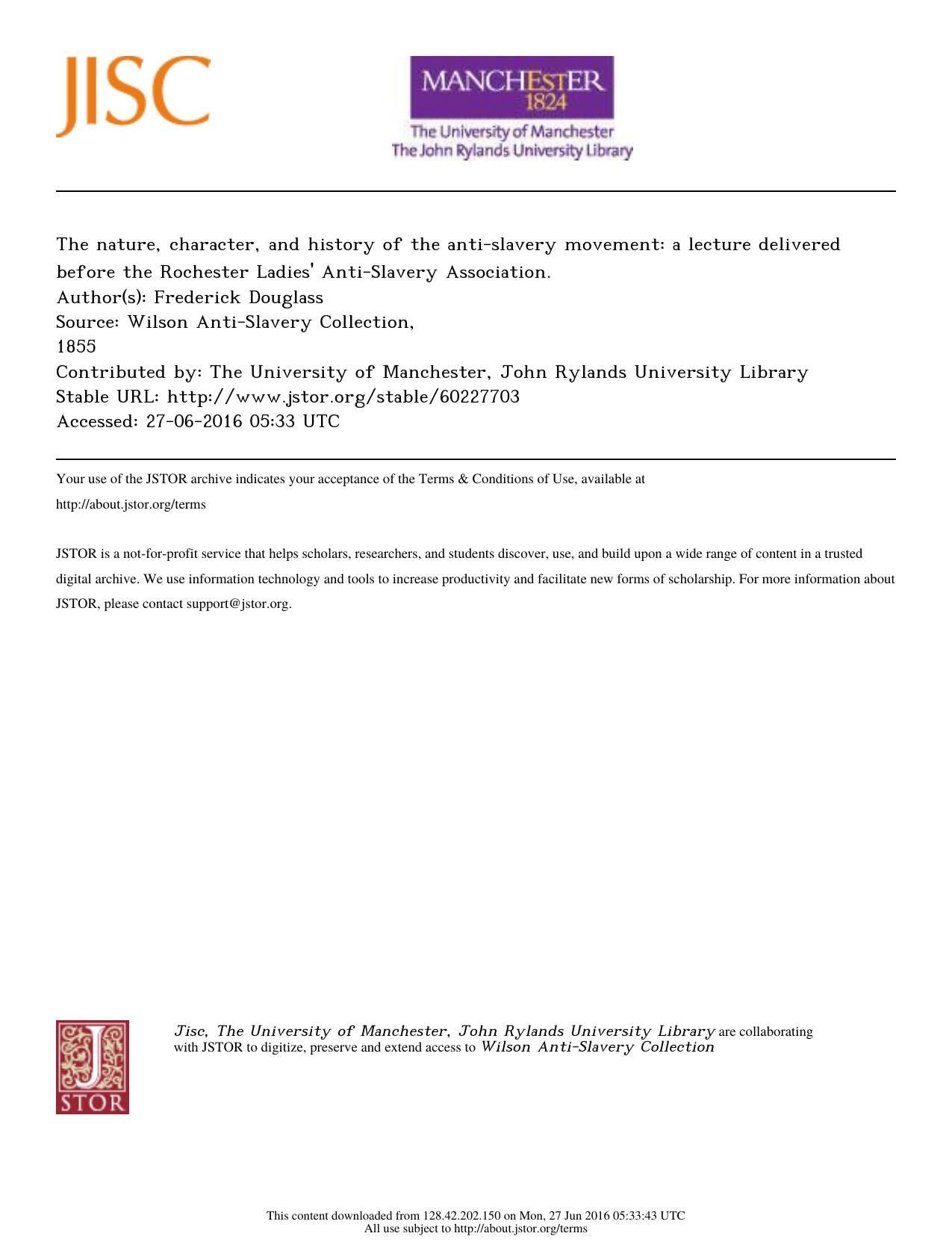 The nature, character, and history of the anti-slavery movement: a lecture delivered before the Rochester Ladies' Anti-Slavery Association. by The Nature Character & History of Anti-Slavery Movement (1855)