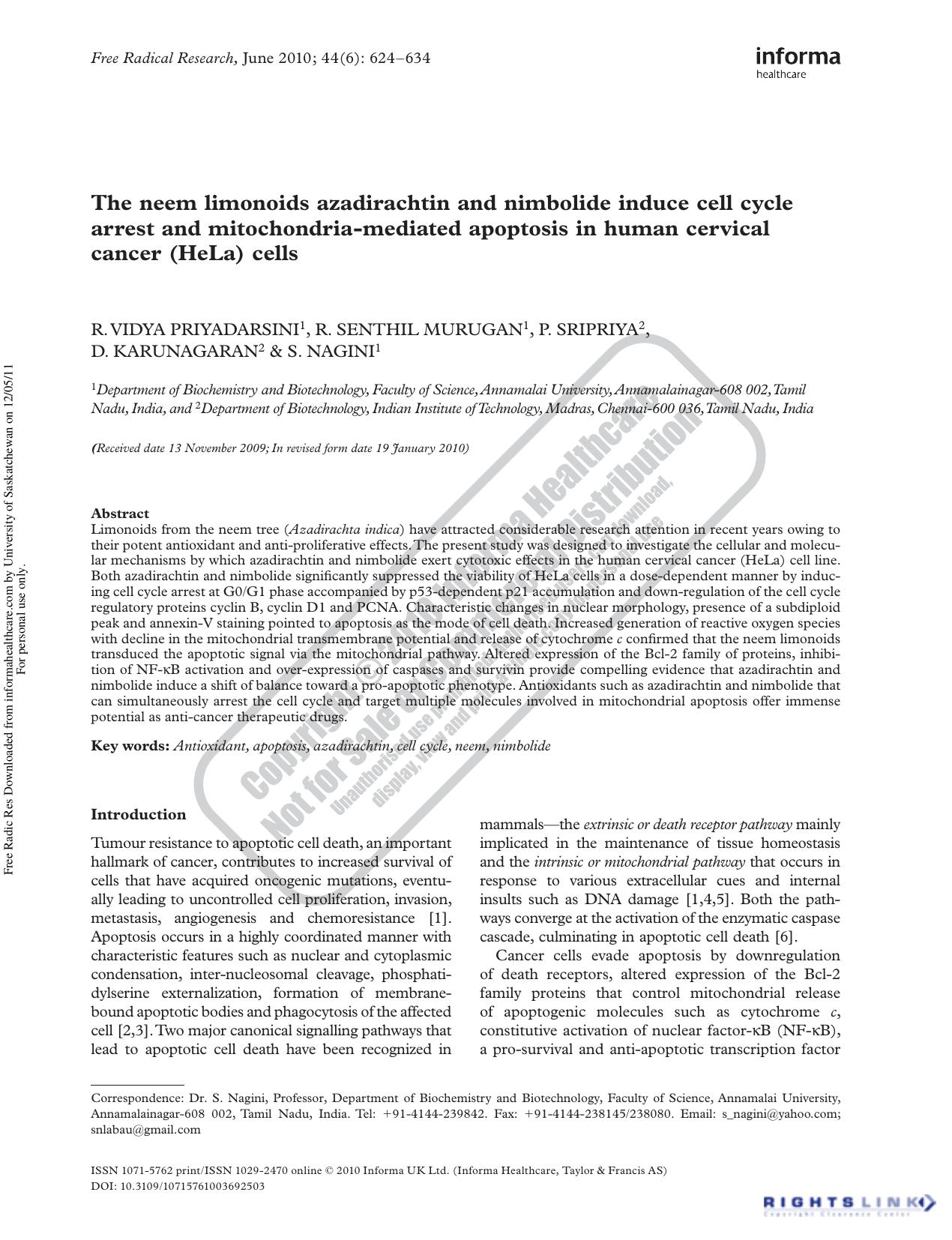 The neem limonoids azadirachtin and nimbolide induce cell cycle arrest and mitochondria-mediated apoptosis in human cervical cancer (HeLa) cells by unknow