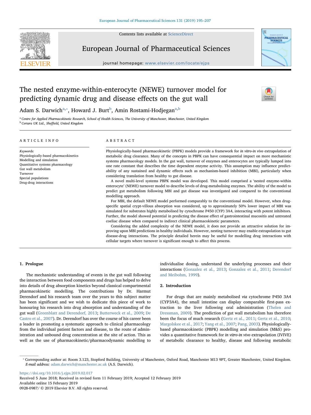 The nested enzyme-within-enterocyte (NEWE) turnover model for predicting dynamic drug and disease effects on the gut wall by Adam S. Darwich & Howard J. Burt & Amin Rostami-Hodjegan