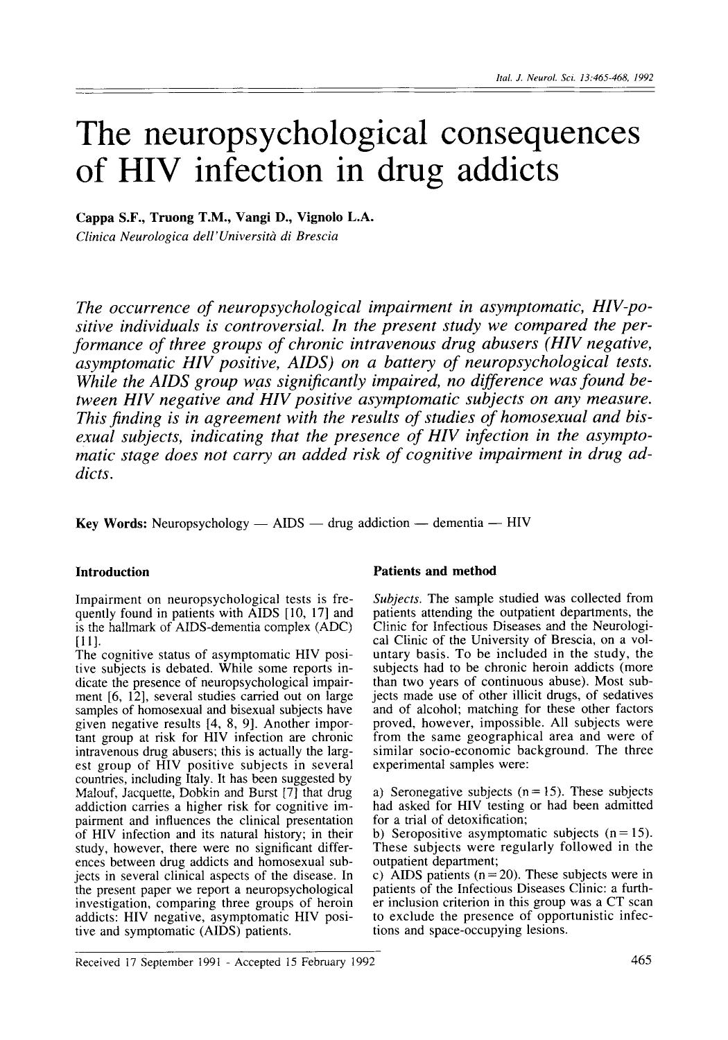 The neuropsychological consequences of HIV infection in drug addicts by Unknown