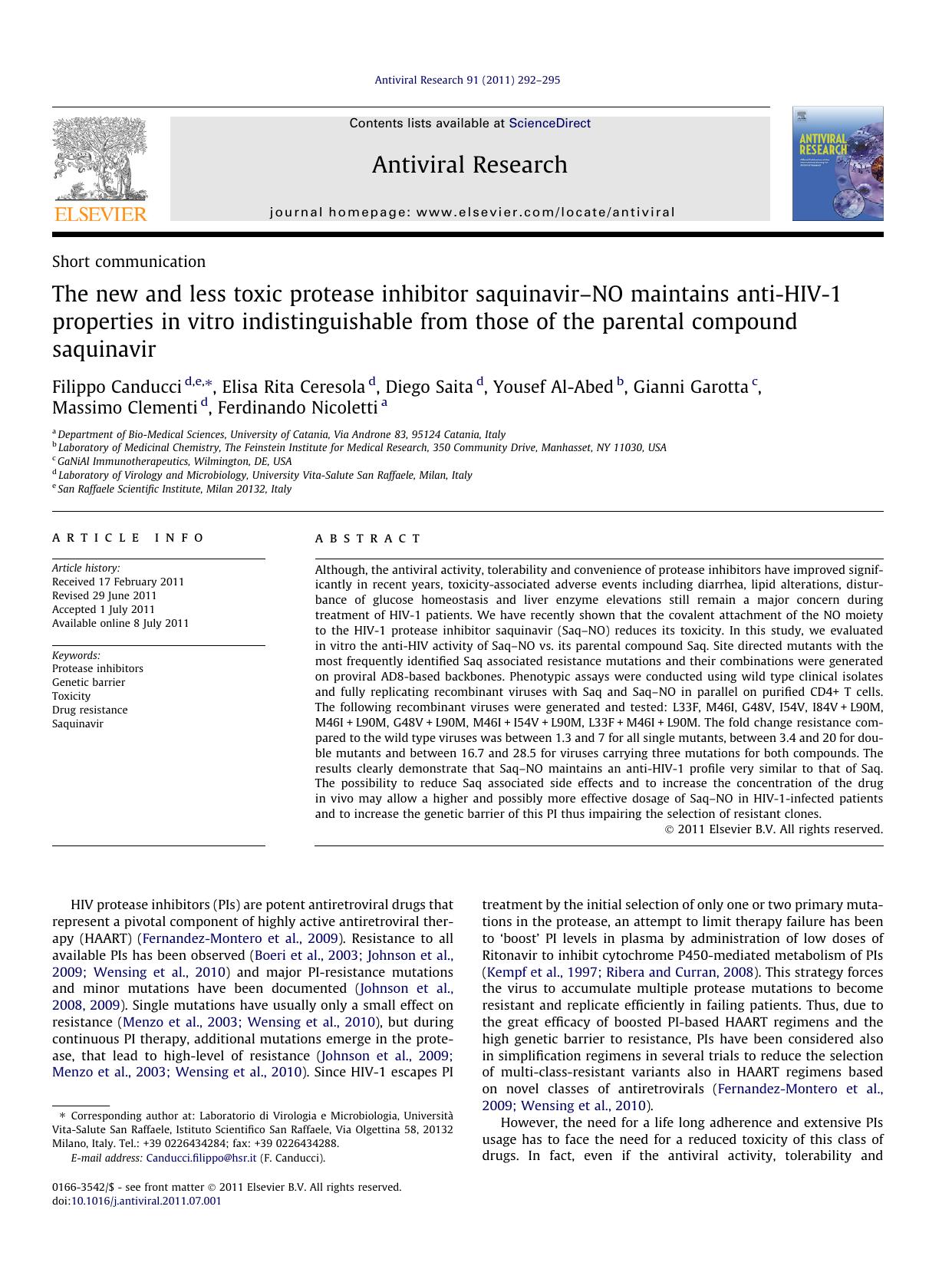 The new and less toxic protease inhibitor saquinavirÃ¢â¬âNO maintains anti-HIV-1 properties in vitro indistinguishable from those of the parental compound saquinavir by unknow