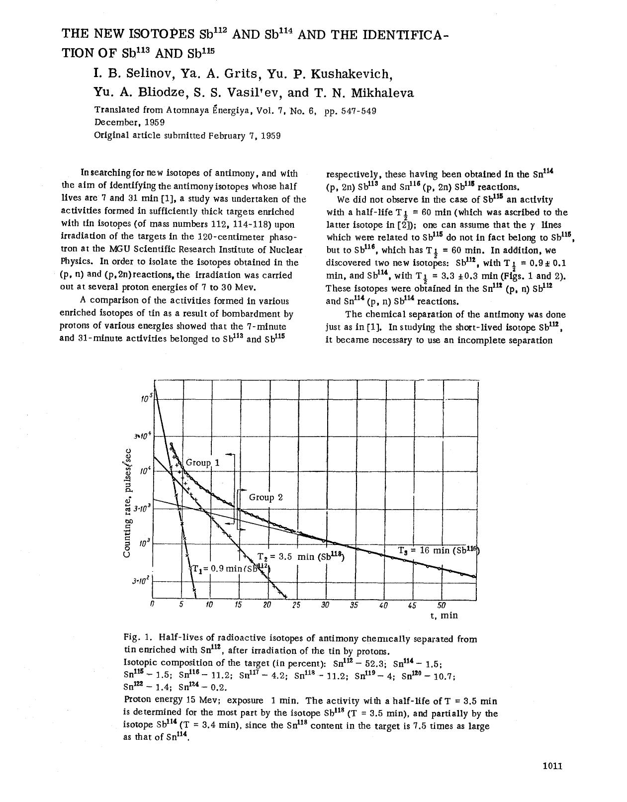 The new isotopes Sb <Superscript>112 <Superscript> and Sb <Superscript>114 <Superscript> and the identification of Sb <Superscript>113 <Superscript> and Sb <Superscript>115 <Superscript> by Unknown
