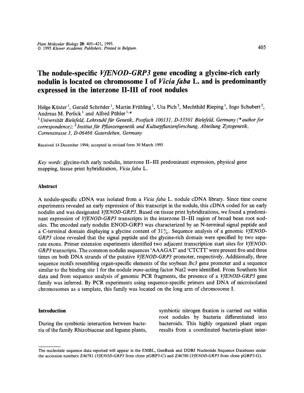 The nodule-specific <Emphasis Type="Italic">VfENOD-GRP3 <Emphasis> gene encoding a glycine-rich early nodulin is located on chromosome I of <Emphasis Type="Italic">Vicia faba <Em by Unknown