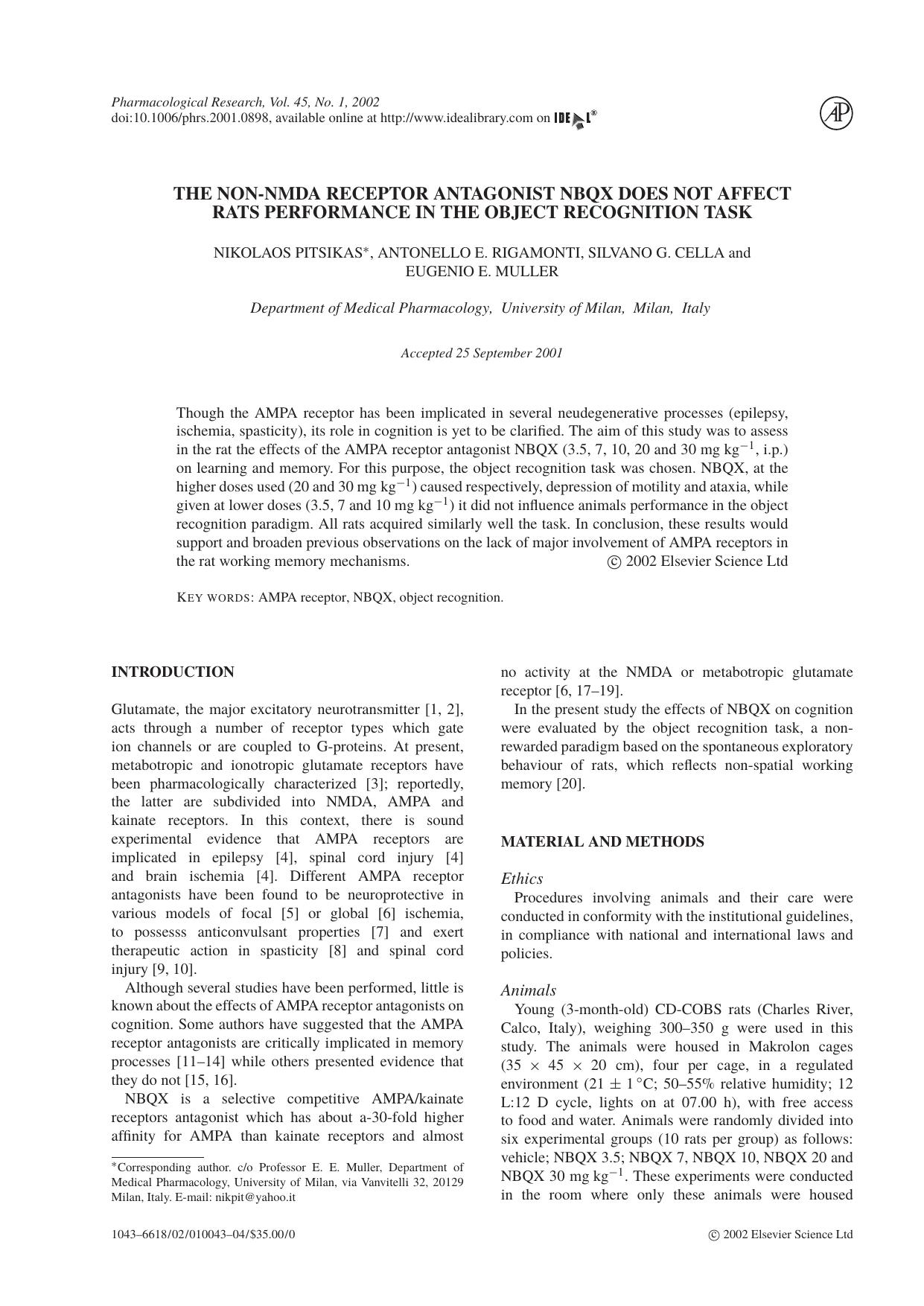 The non-NMDA receptor antagonist NBQX does not affect rats performance in the object recognition task by N. Pitsikas et al