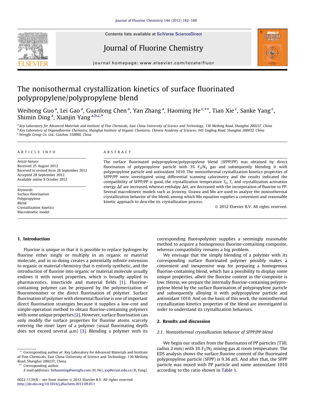 The nonisothermal crystallization kinetics of surface fluorinated polypropylenepolypropylene blend by Weihong Guo