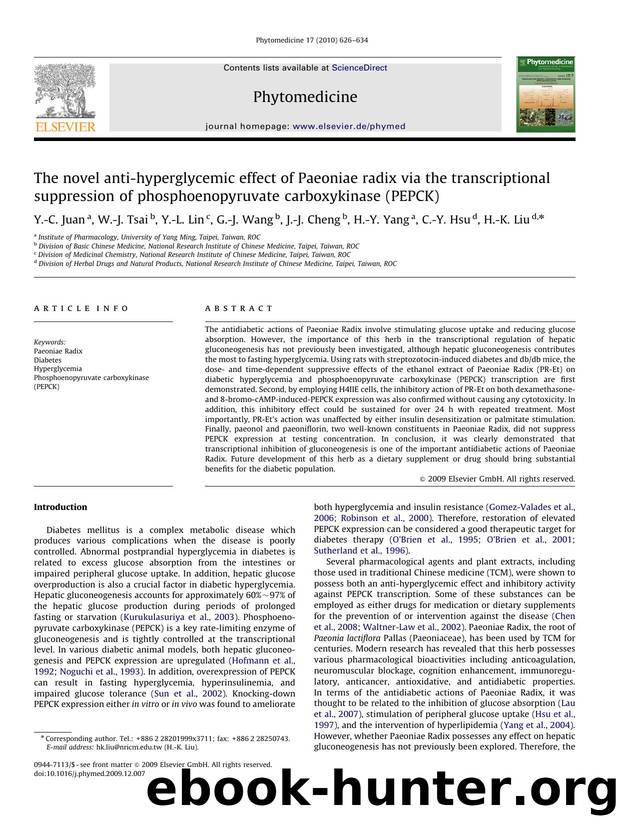 The novel anti-hyperglycemic effect of Paeoniae radix via the transcriptional suppression of phosphoenopyruvate carboxykinase (PEPCK) by Y.-C. Juan; W.-J. Tsai; Y.-L. Lin; G.-J. Wang; J.-J. Cheng; H.-Y. Yang; C.-Y. Hsu; H.-K. Liu