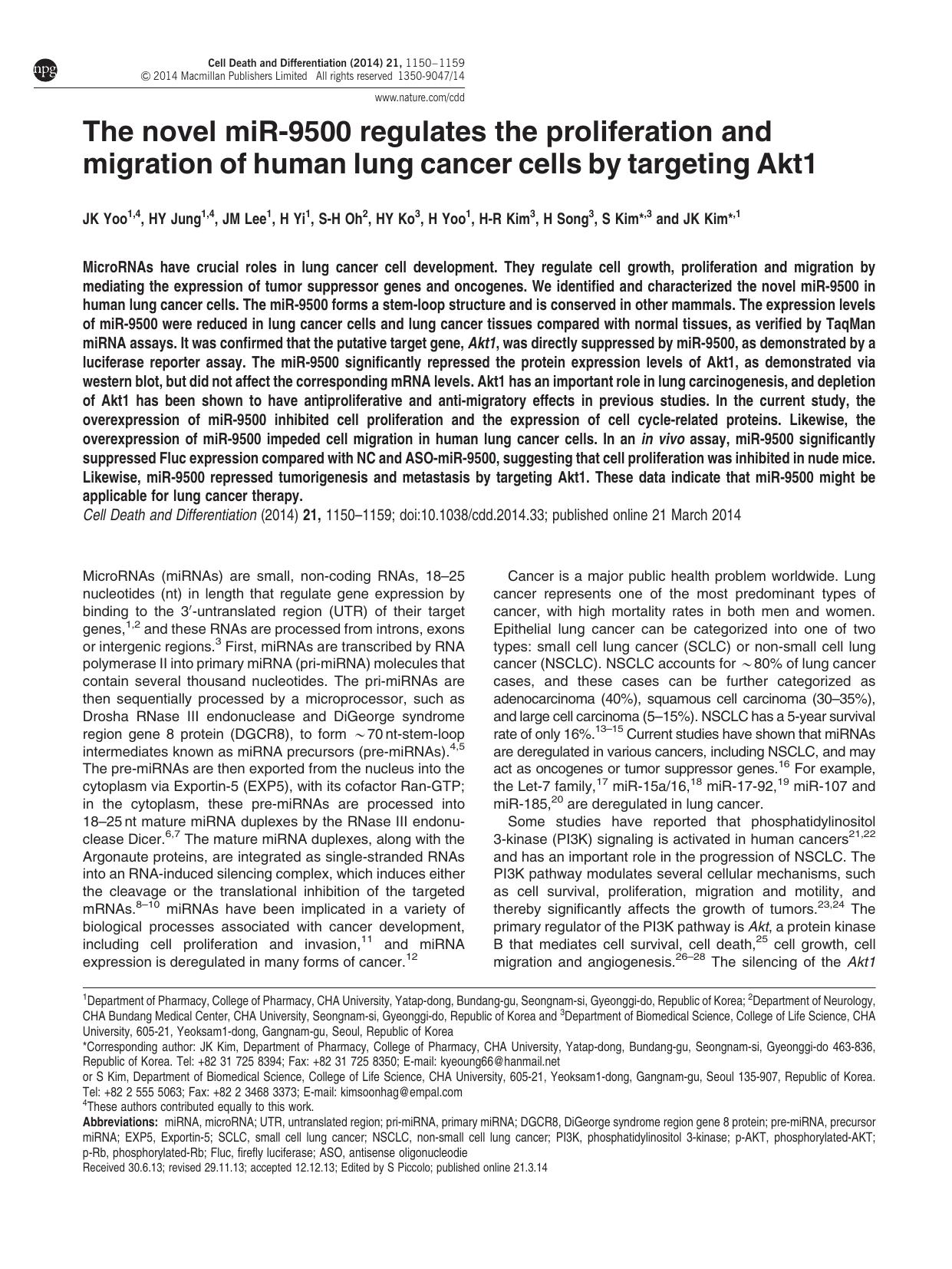 The novel miR-9500 regulates the proliferation and migration of human lung cancer cells by targeting Akt1 by J K Yoo & H Y Jung & J M Lee & H Yi & S-H Oh & H Y Ko & H Yoo & H-R Kim & H Song & S Kim & J K Kim