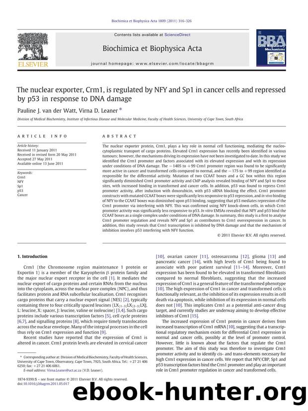The nuclear exporter, Crm1, is regulated by NFY and Sp1 in cancer cells and repressed by p53 in response to DNA damage by Pauline J. van der Watt & Virna D. Leaner