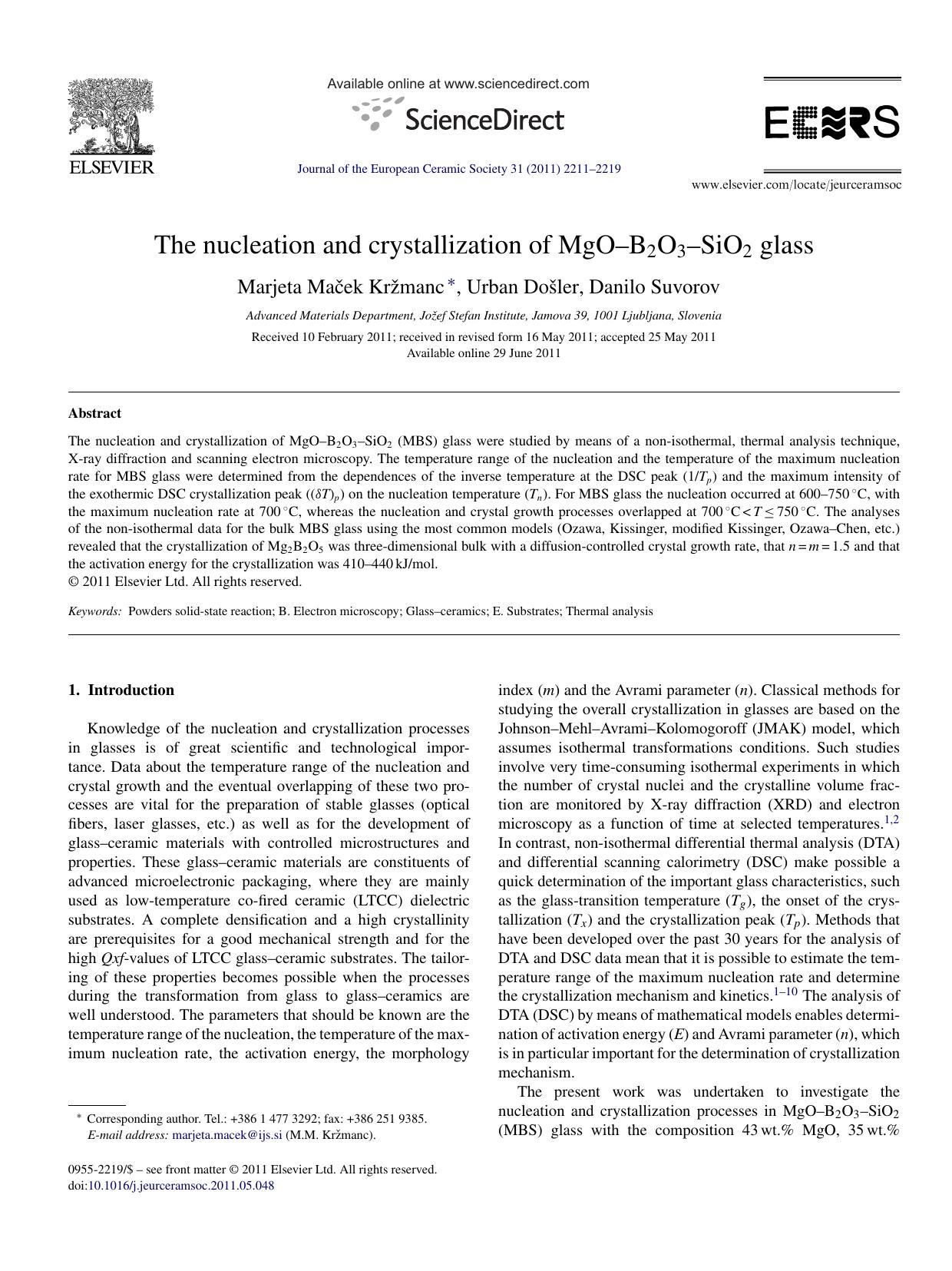 The nucleation and crystallization of MgOÃ¢â¬âB2O3Ã¢â¬âSiO2 glass by Marjeta MaÄ•ek KrÅ¾manc