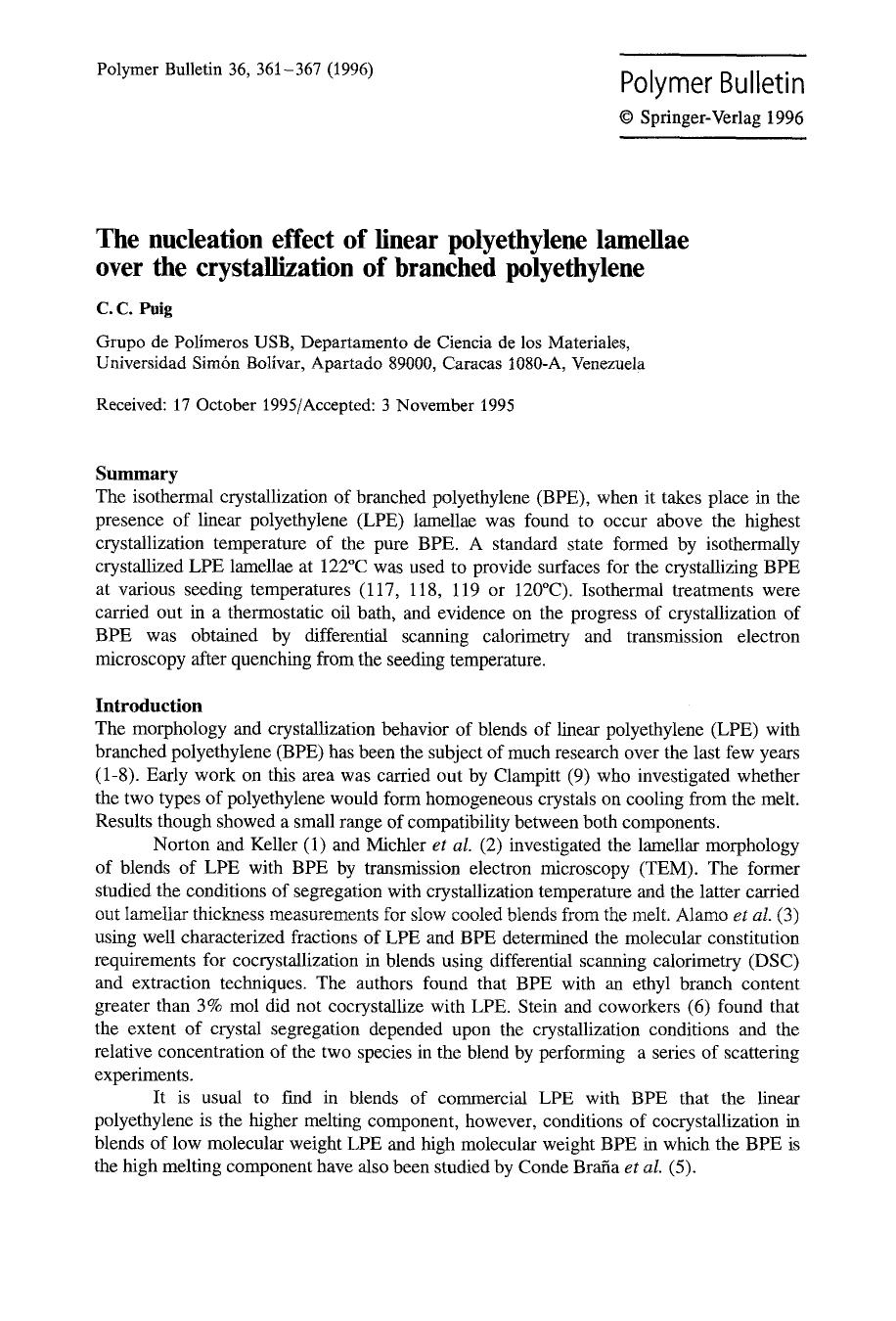The nucleation effect of linear polyethylene lamellae over the crystallization of branched polyethylene by Unknown