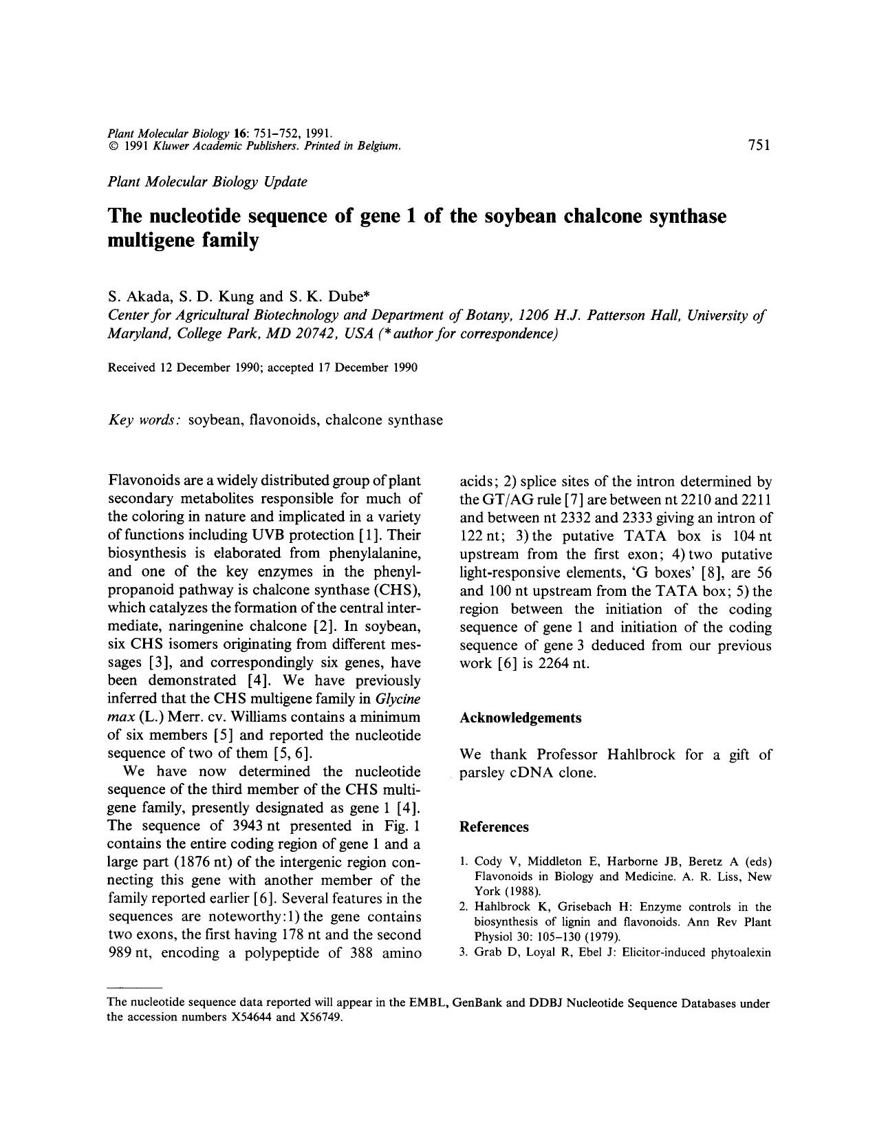 The nucleotide sequence of gene 1 of the soybean chalcone synthase multigene family by Unknown