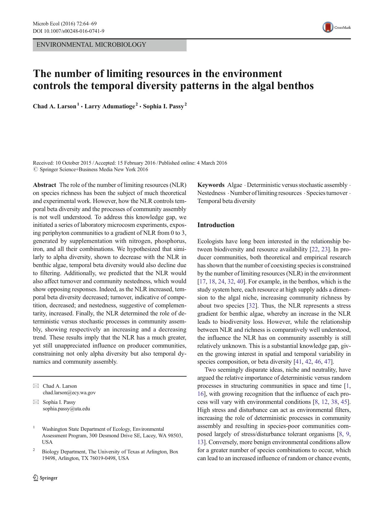 The number of limiting resources in the environment controls the temporal diversity patterns in the algal benthos by Chad A. Larson & Larry Adumatioge & Sophia I. Passy
