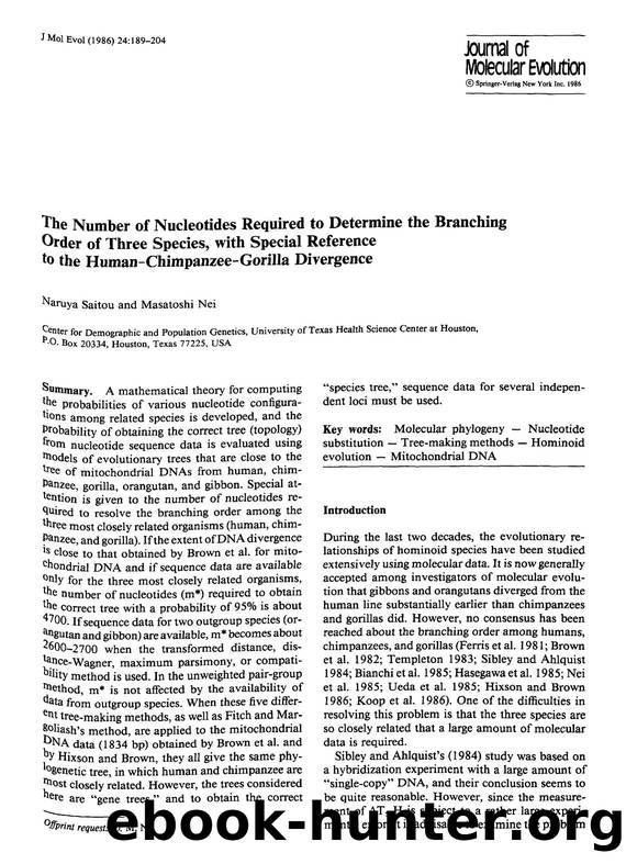 The number of nucleotides required to determine the branching order of three species, with special reference to the human-chimpanzee-gorilla divergence by Unknown