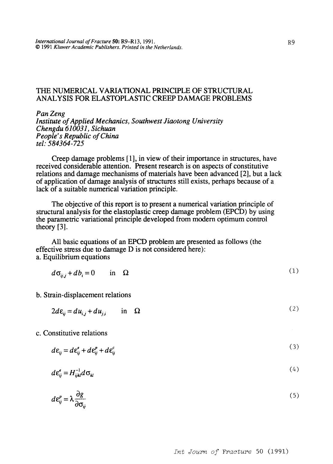 The numerical variational principle of structural analysis for elastoplastic creep damage problems by Unknown
