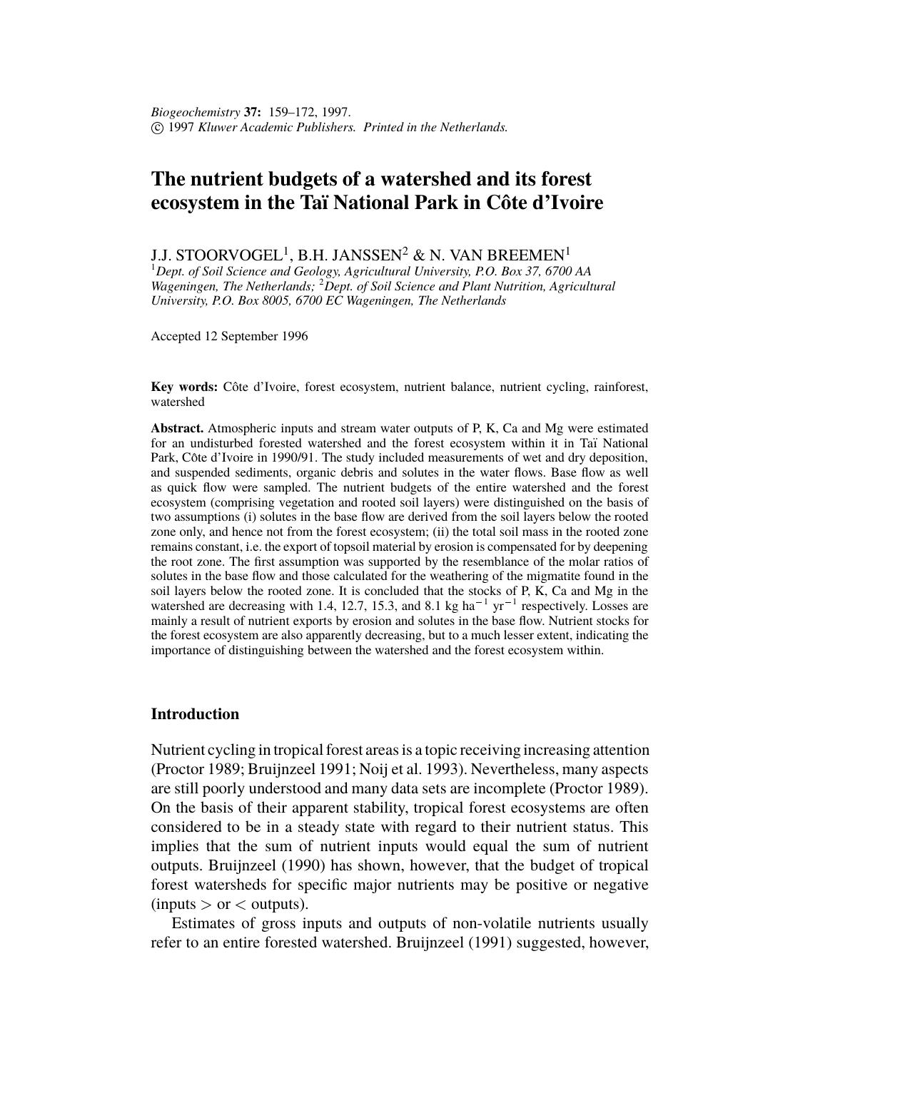 The nutrient budgets of a watershed and its forest ecosystem in the Taï National Park in Cô d'Ivoire by Unknown