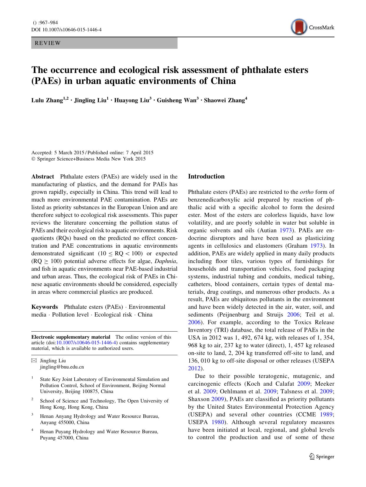 The occurrence and ecological risk assessment of phthalate esters (PAEs) in urban aquatic environments of China by Lulu Zhang & Jingling Liu & Huayong Liu & Guisheng Wan & Shaowei Zhang