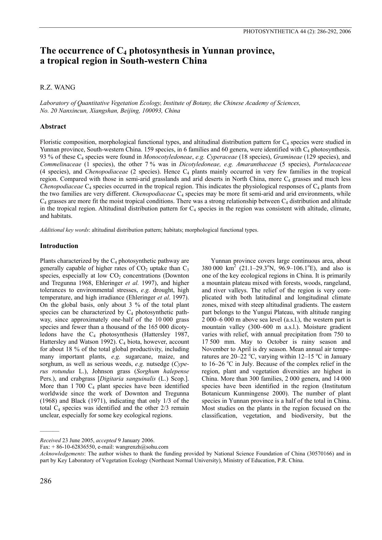 The occurrence of C<Subscript>4<Subscript> photosynthesis in Yunnan province, a tropical region in South-western China by Unknown