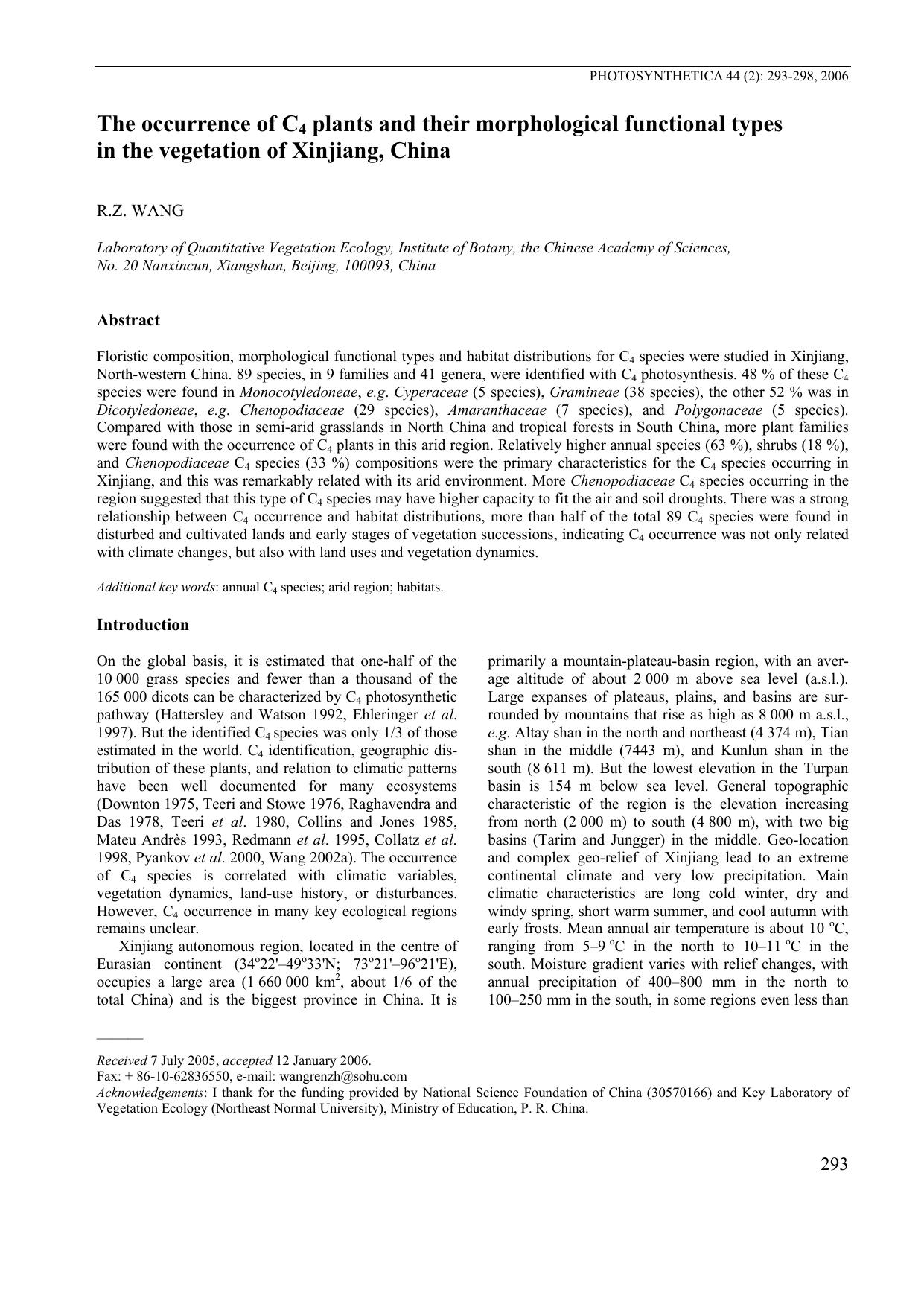 The occurrence of C<Subscript>4<Subscript> plants and their morphological functional types in the vegetation of Xinjiang, China by Unknown