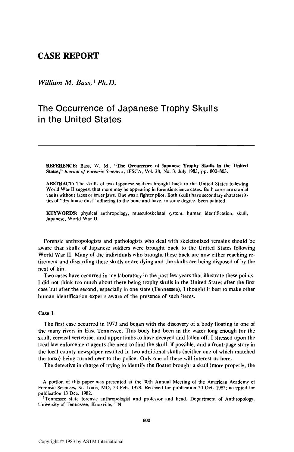 The occurrence of Japanese Trophy Skulls in the United States by Bass WM