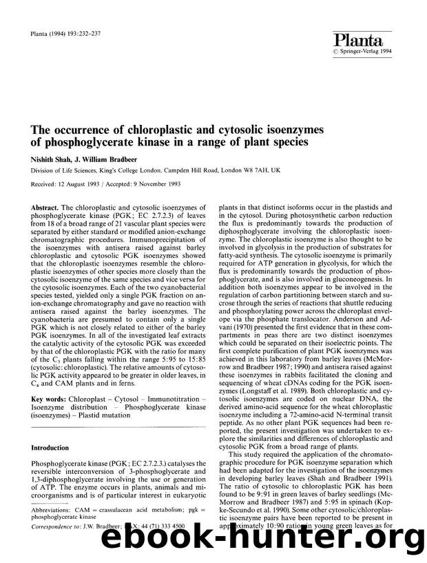 The occurrence of chloroplastic and cytosolic isoenzymes of phosphoglycerate kinase in a range of plant species by Unknown