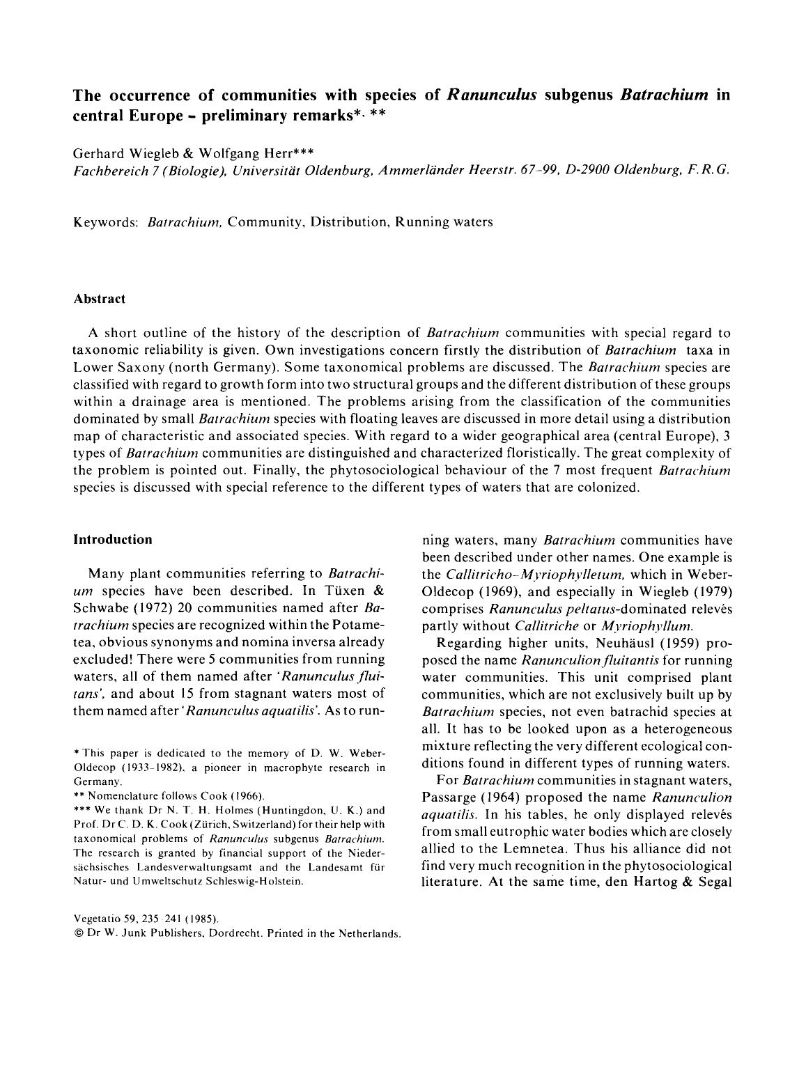 The occurrence of communities with species of <Emphasis Type="Italic">Ranunculus <Emphasis> subgenus <Emphasis Type="Italic">Batrachium <Emphasis> in central Europe — preliminary remarks by Unknown