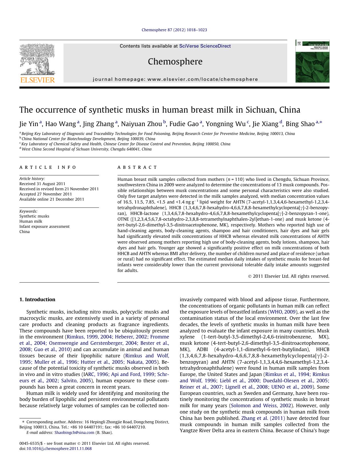 The occurrence of synthetic musks in human breast milk in Sichuan, China by Jie Yin & Hao Wang & Jing Zhang & Naiyuan Zhou & Fudie Gao & Yongning Wu & Jie Xiang & Bing Shao